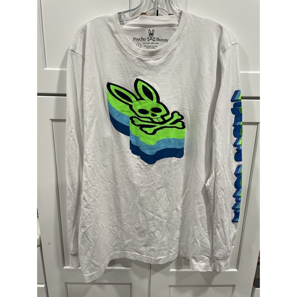 Psycho Bunny Mens Long Sleeve Tee Logo Print White T-shirt Pima Cotton 7 XL SI32